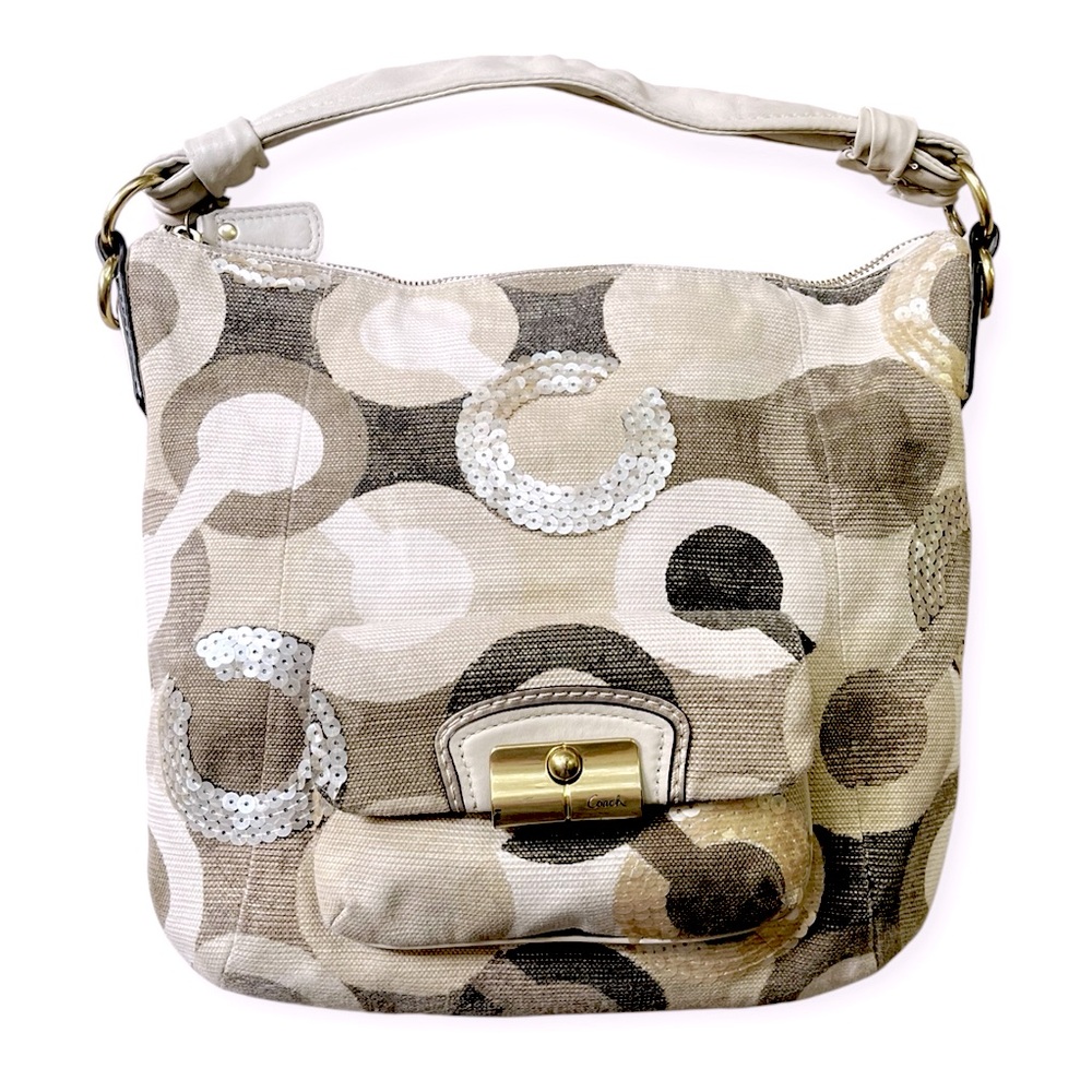 Coach Kristin Signature C Sequin Tan Ivory Khaki Canvas Hobo Tote Shoulder Bag
